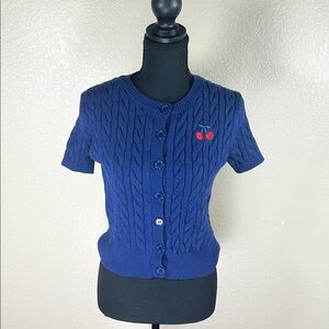 Navy Cable Knit Cardigan with Cherry Detail